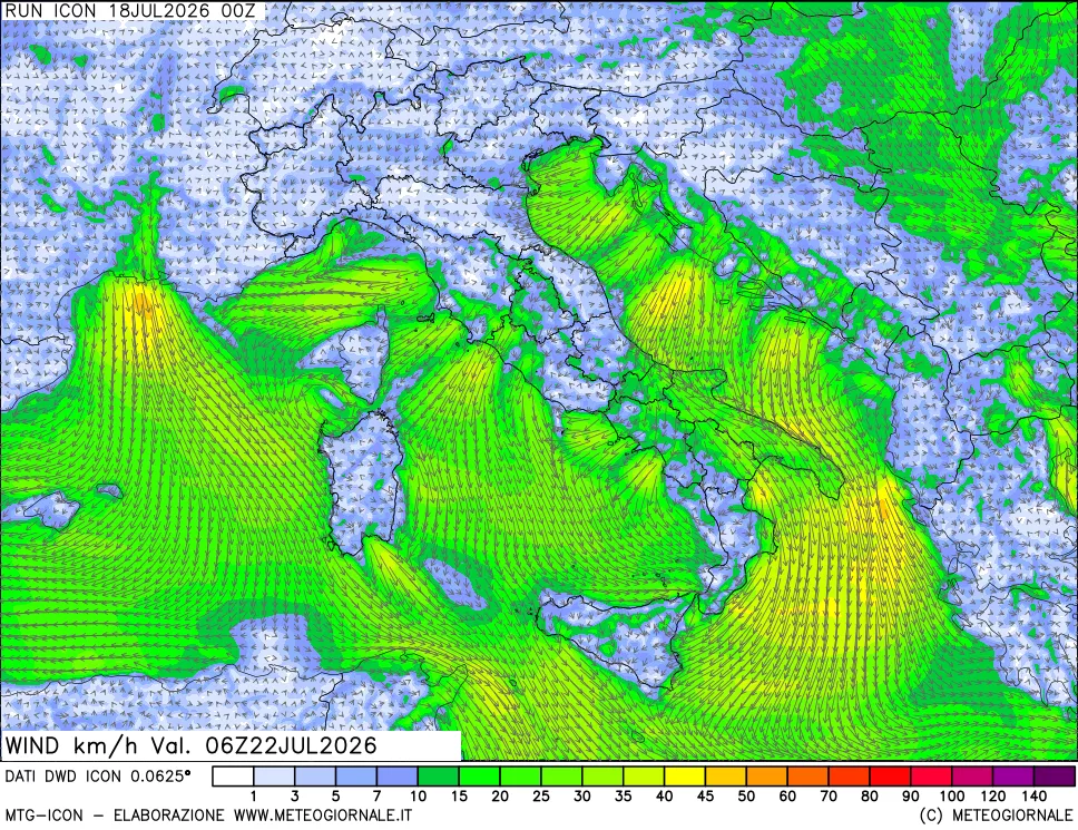 mappa 10 m Vento forza e direzione
