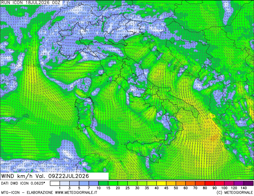 mappa 10 m Vento forza e direzione