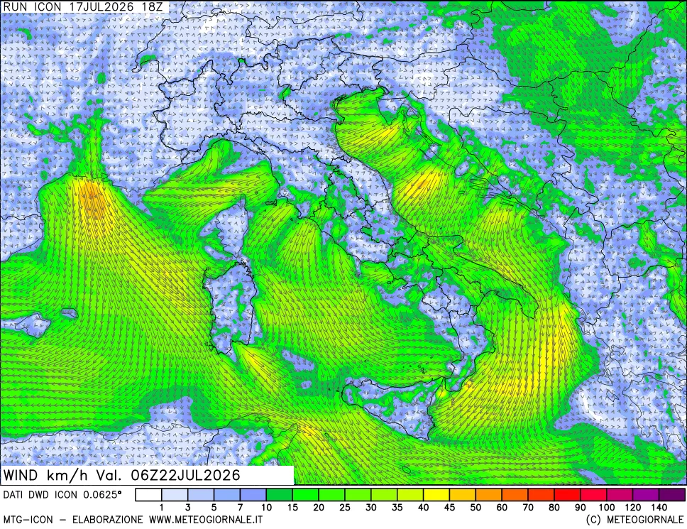 mappa 10 m Vento forza e direzione