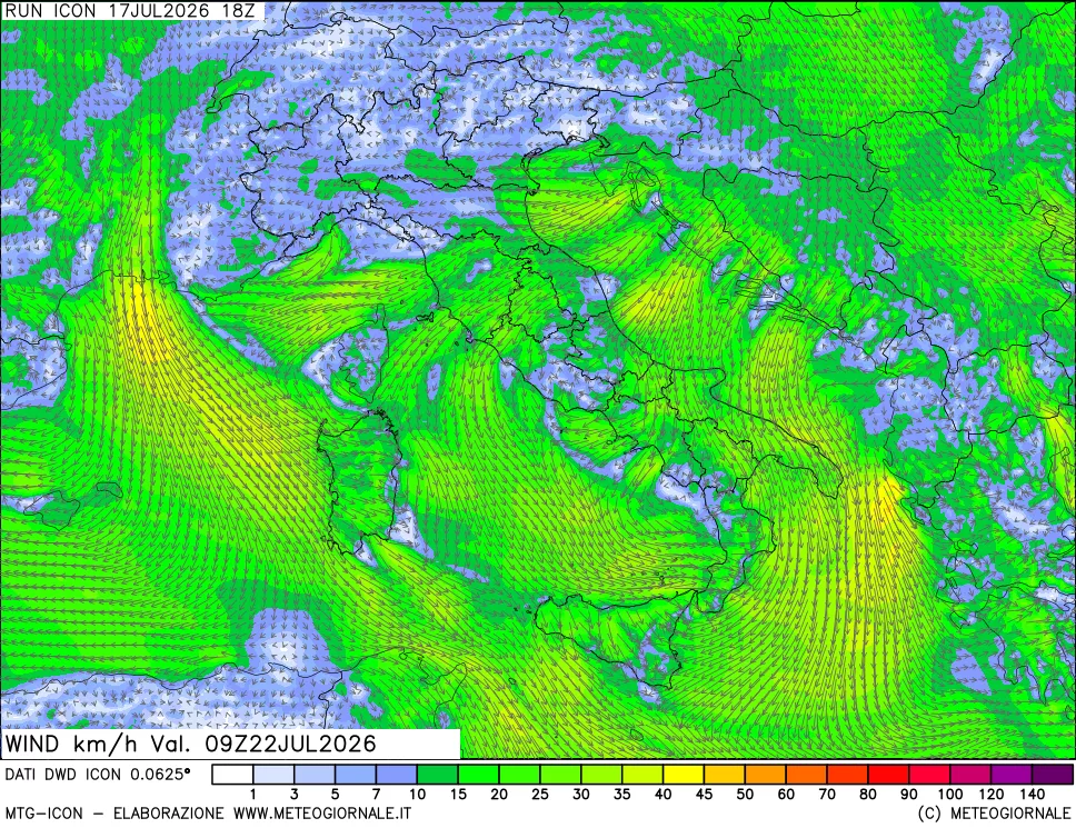 mappa 10 m Vento forza e direzione
