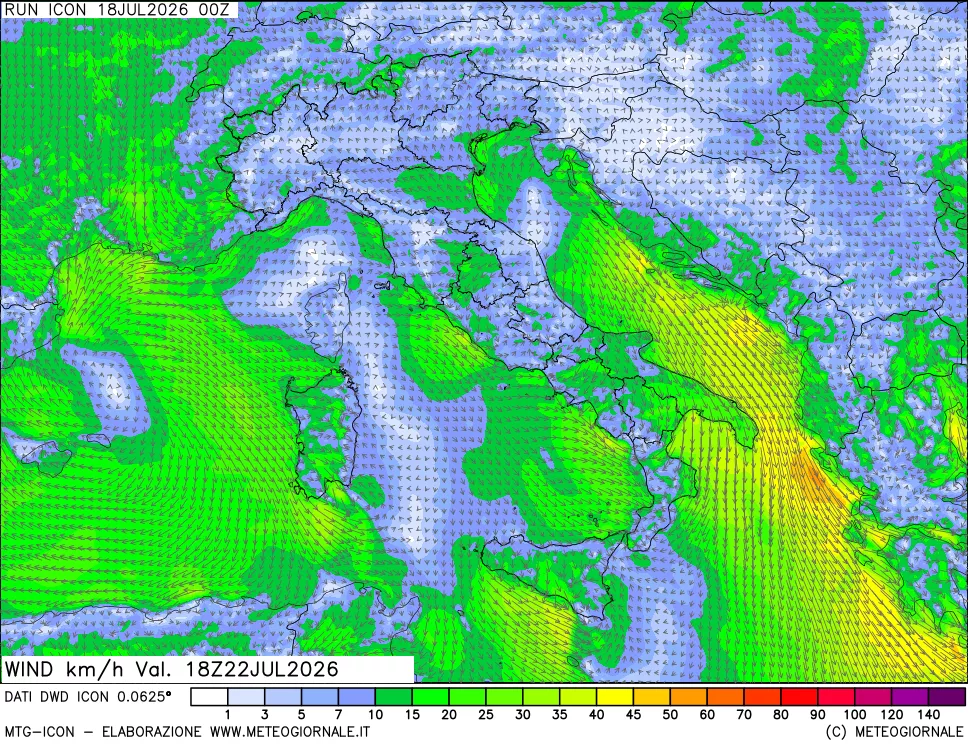 mappa 10 m Vento forza e direzione