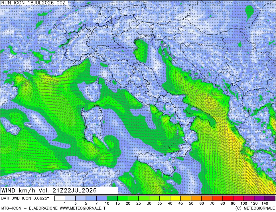 mappa 10 m Vento forza e direzione