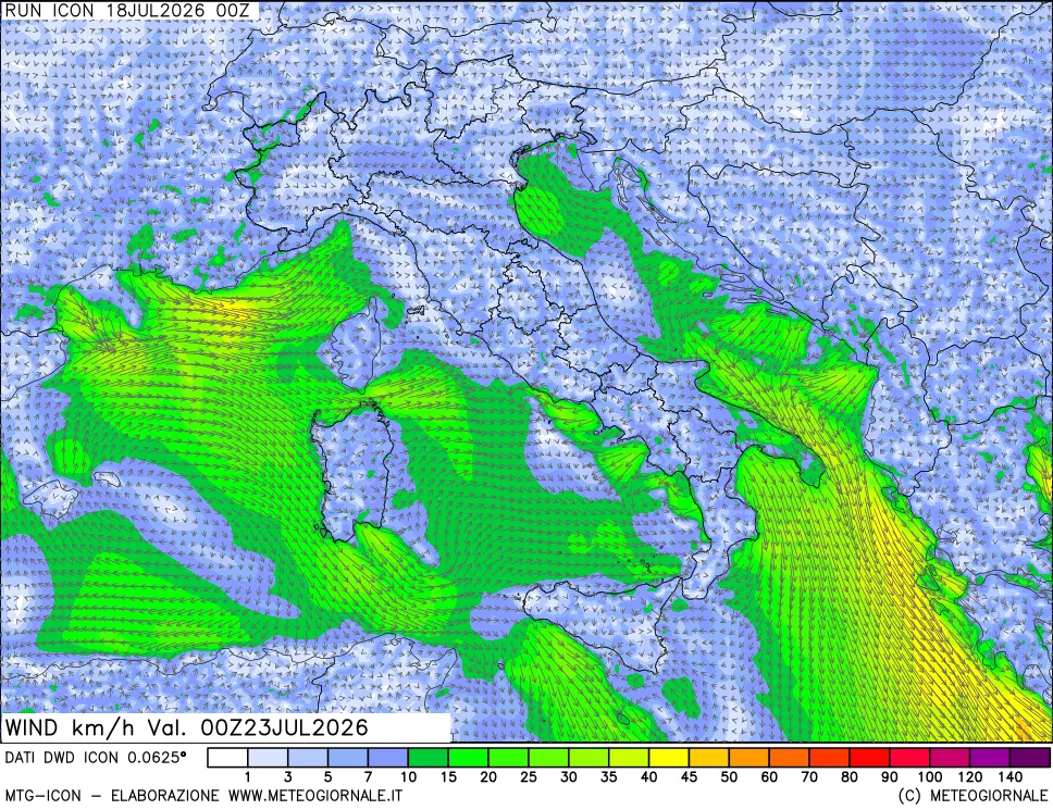 mappa 10 m Vento forza e direzione