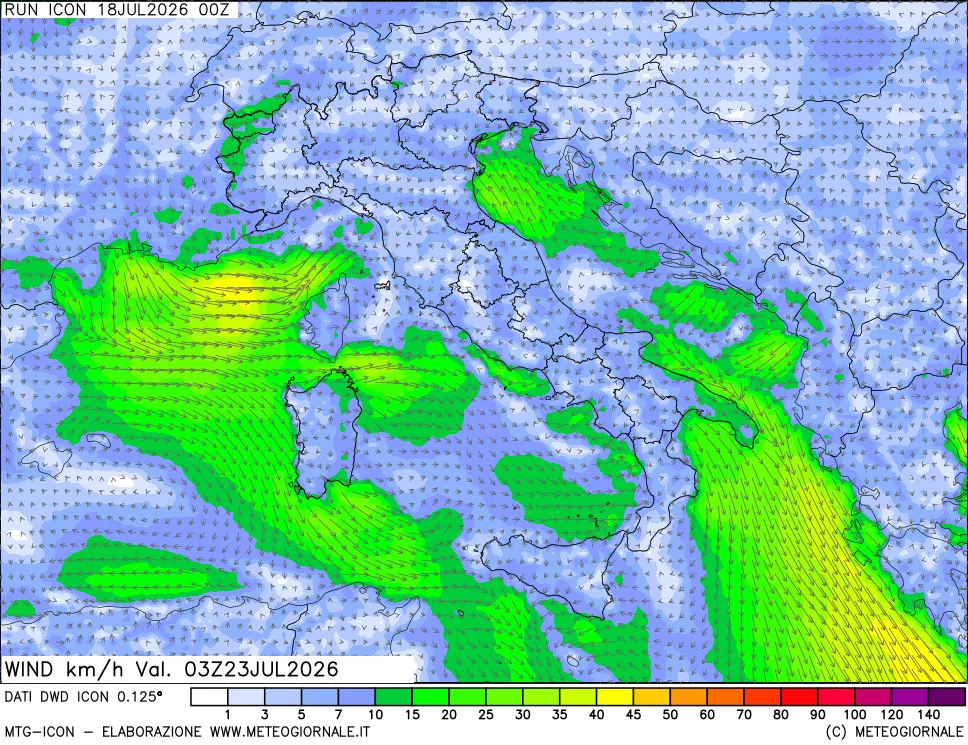 mappa 10 m Vento forza e direzione