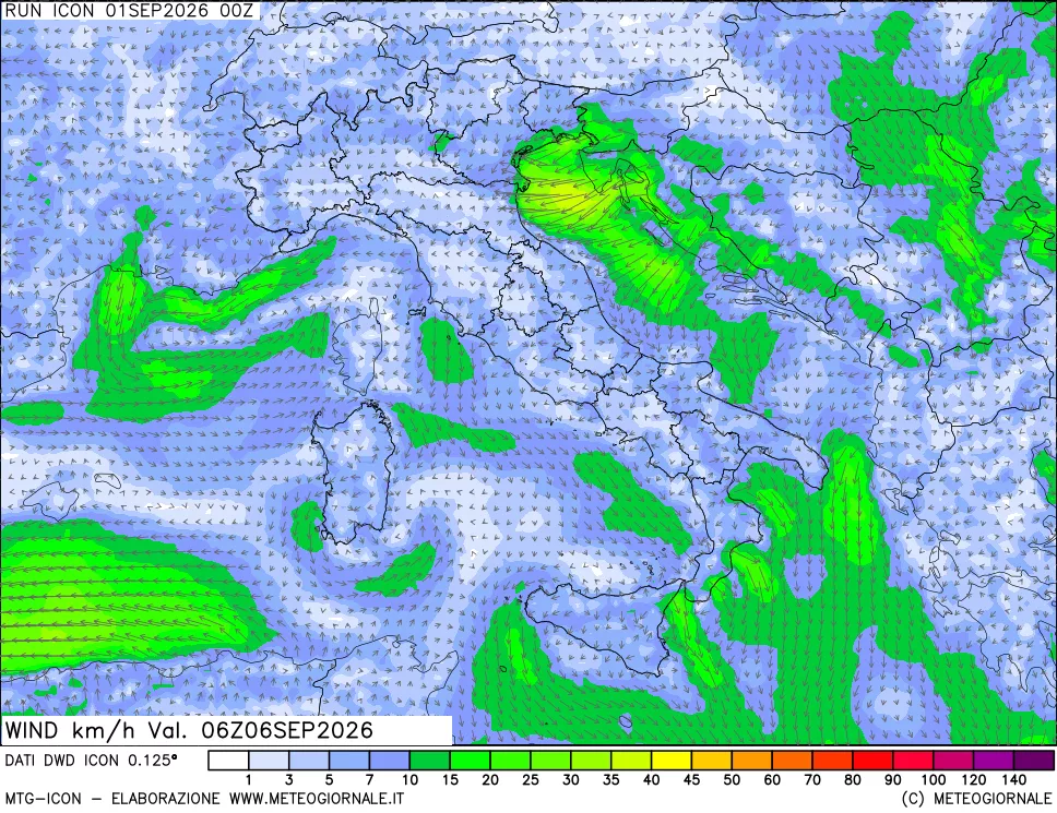 mappa 10 m Vento forza e direzione