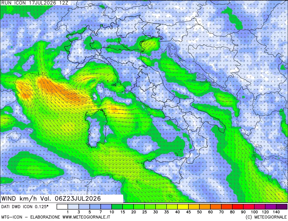 mappa 10 m Vento forza e direzione
