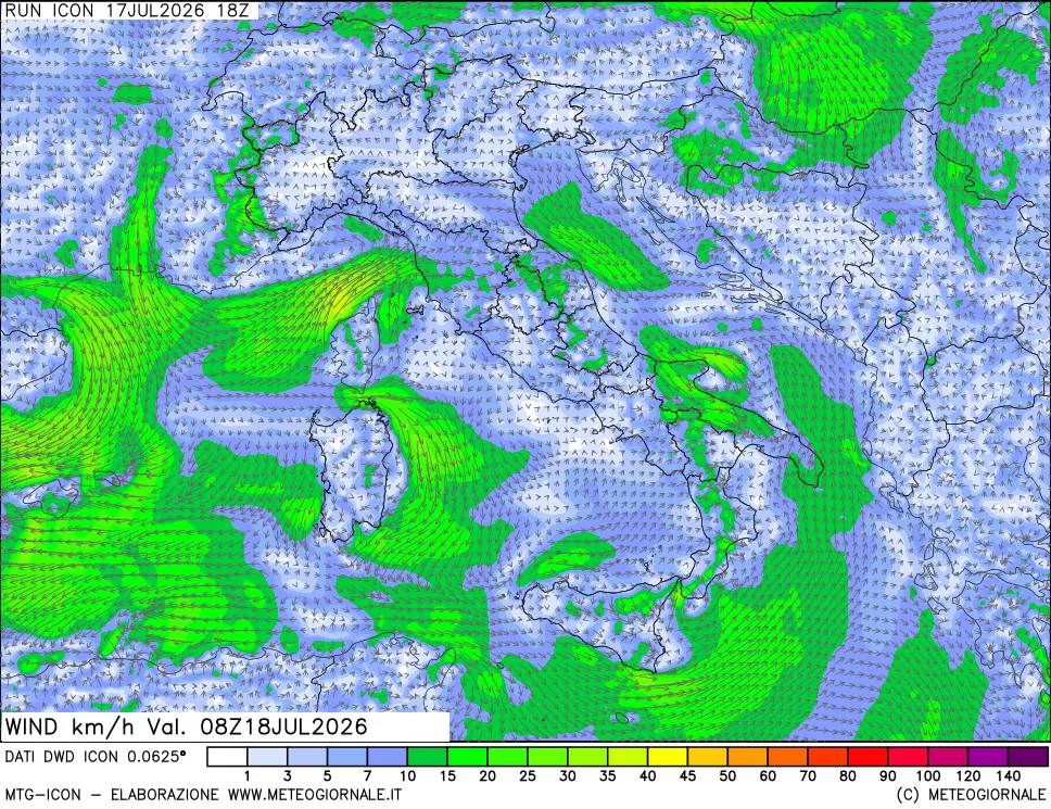 mappa 10 m Vento forza e direzione