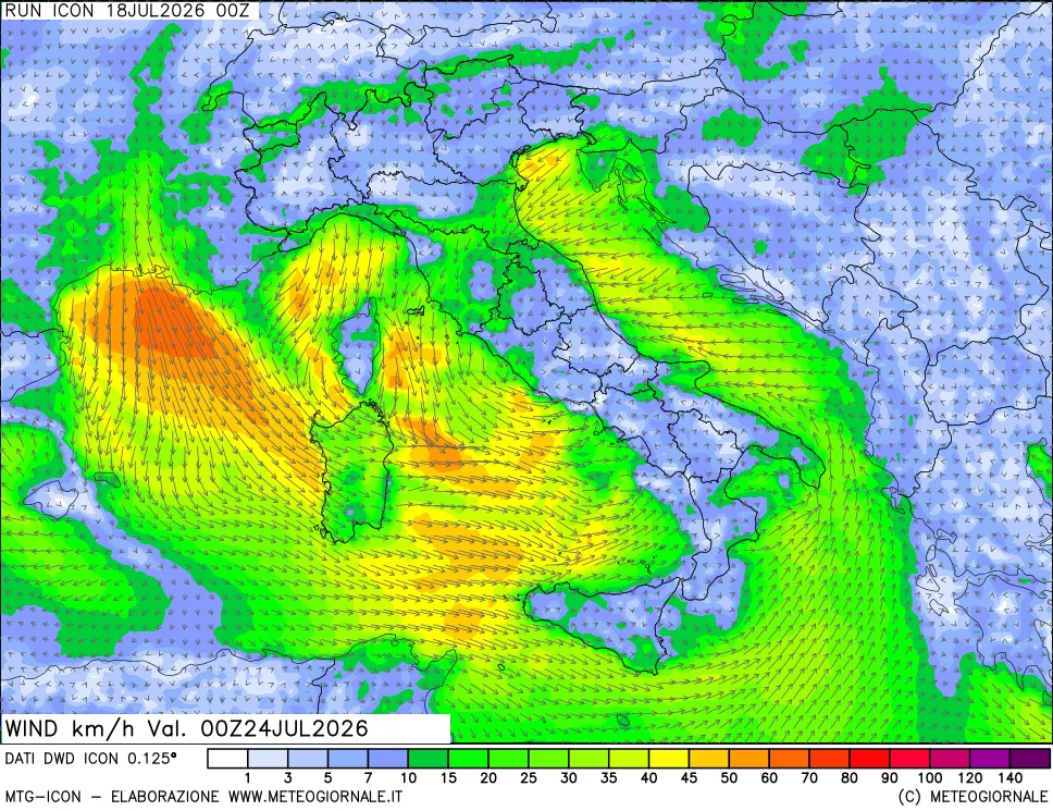 mappa 10 m Vento forza e direzione