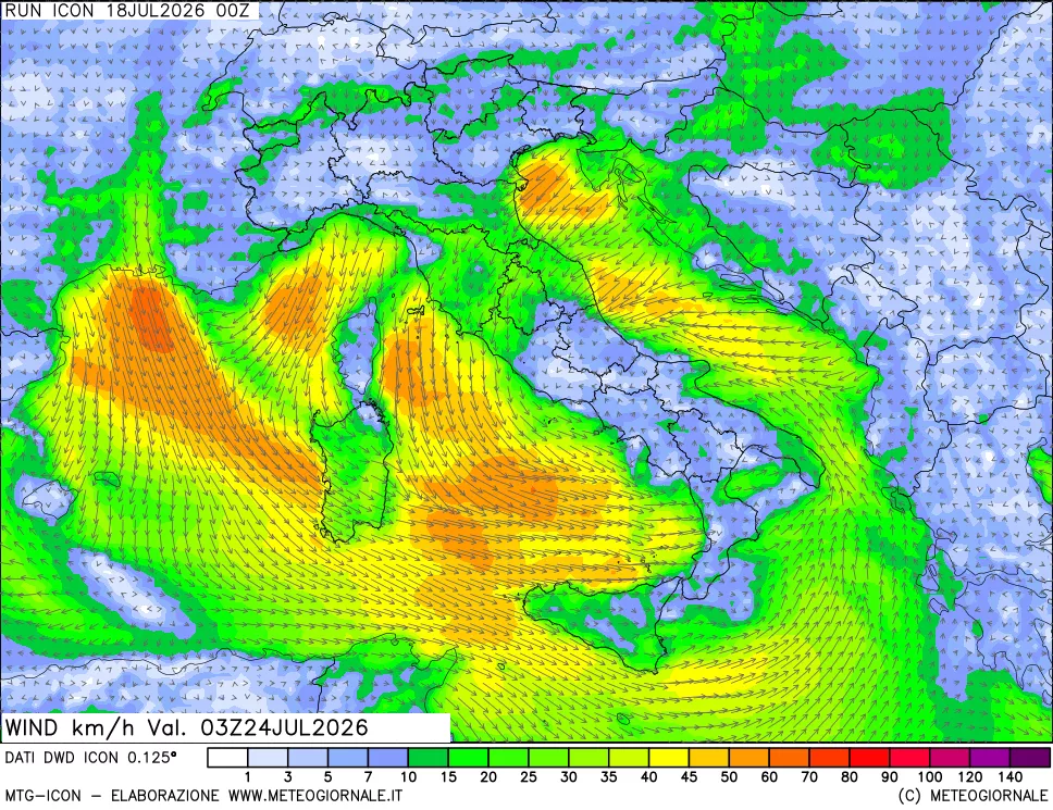 mappa 10 m Vento forza e direzione