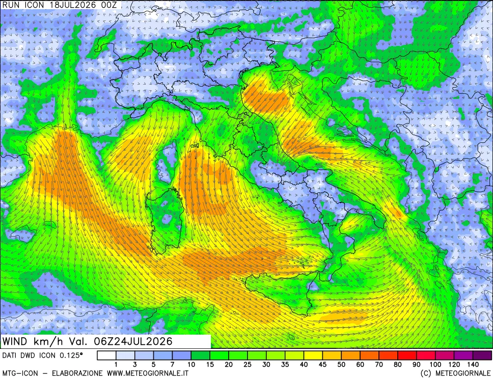 mappa 10 m Vento forza e direzione