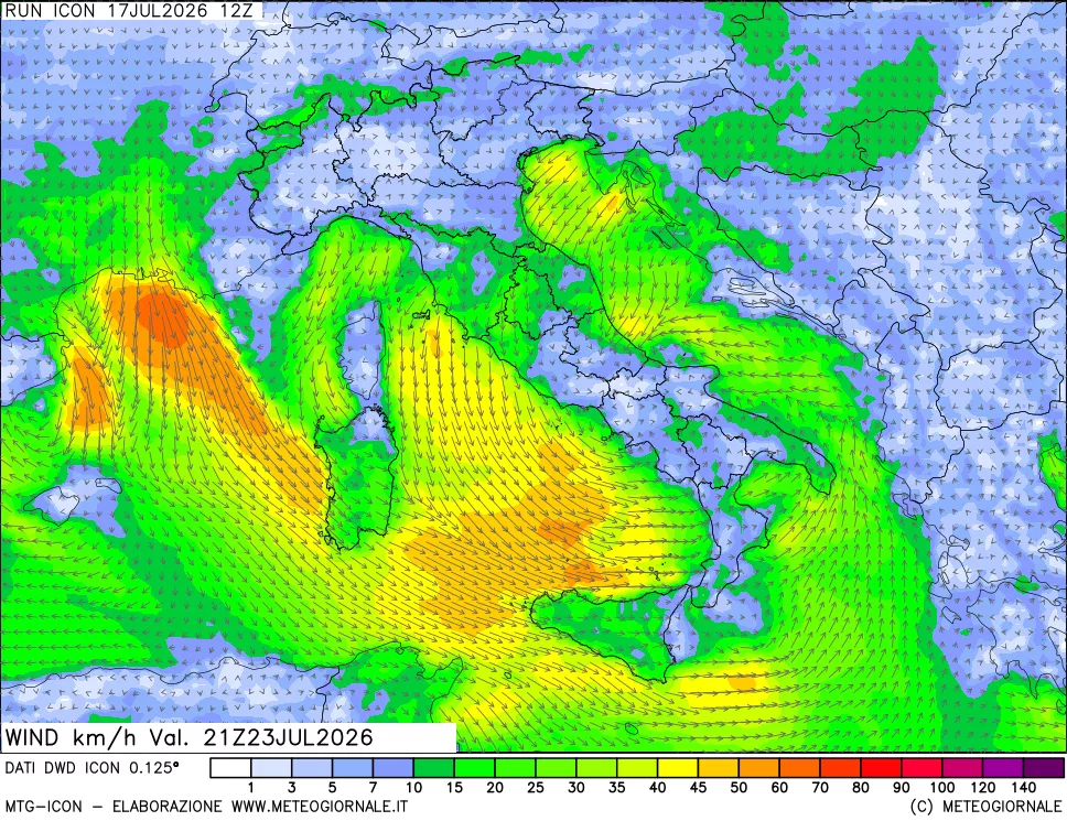 mappa 10 m Vento forza e direzione