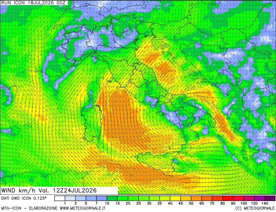mappa 10 m Vento forza e direzione