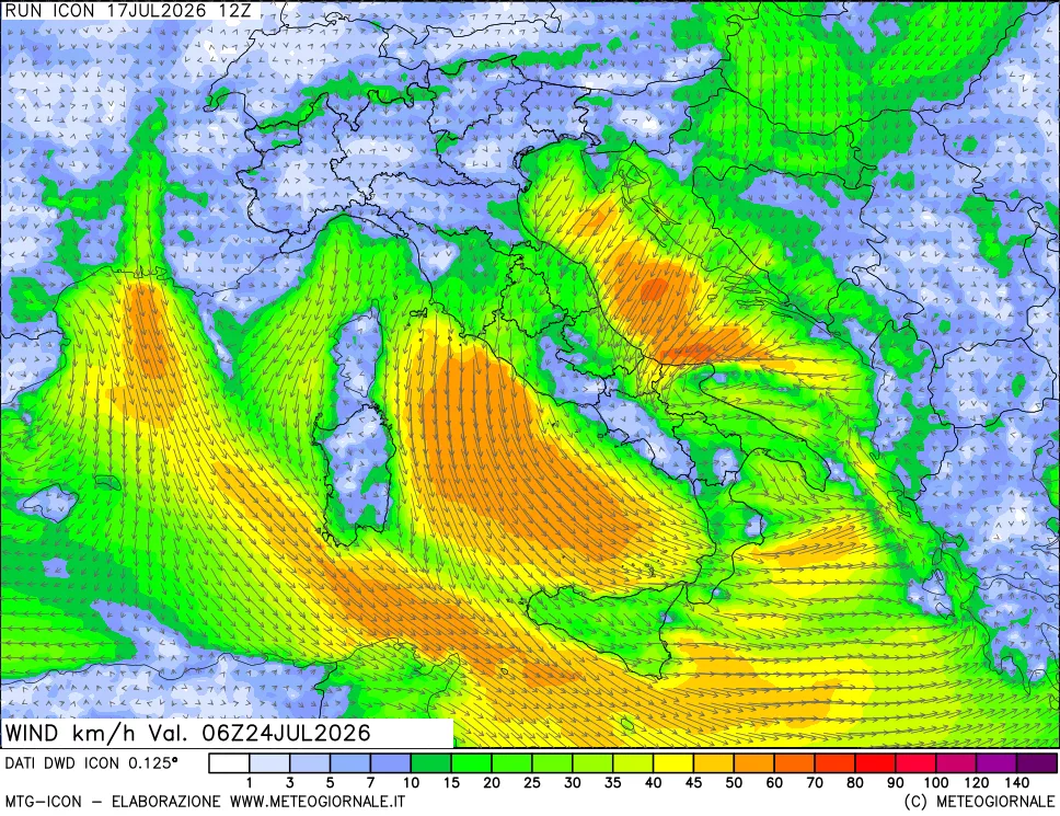 mappa 10 m Vento forza e direzione