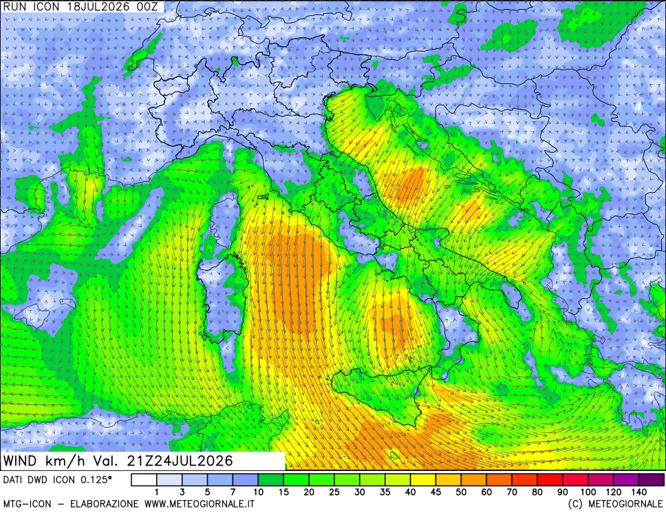 mappa 10 m Vento forza e direzione
