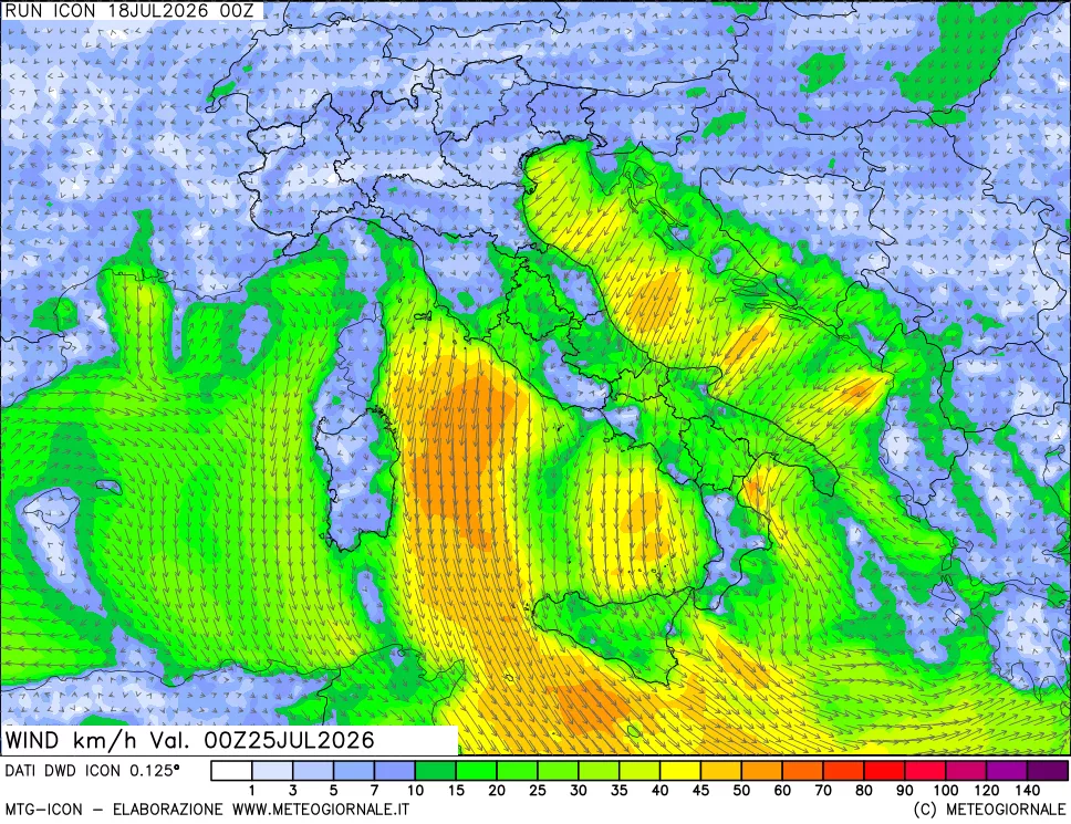 mappa 10 m Vento forza e direzione