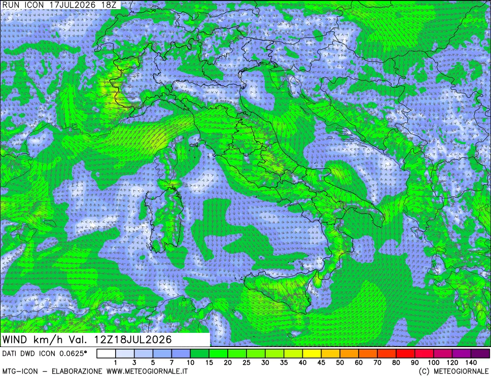 mappa 10 m Vento forza e direzione