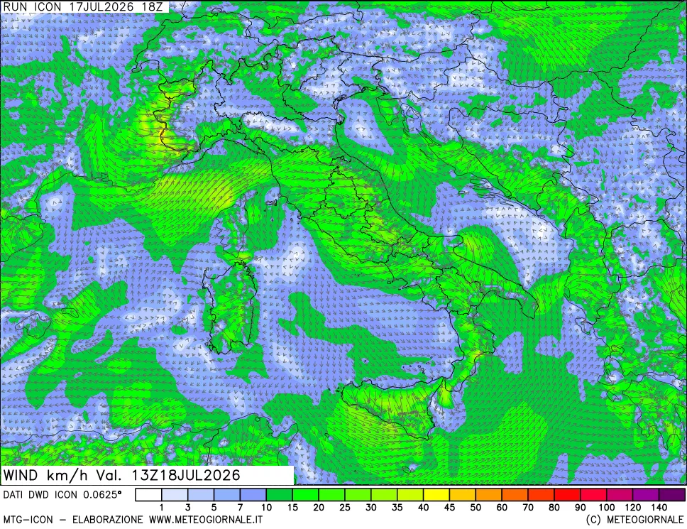 mappa 10 m Vento forza e direzione