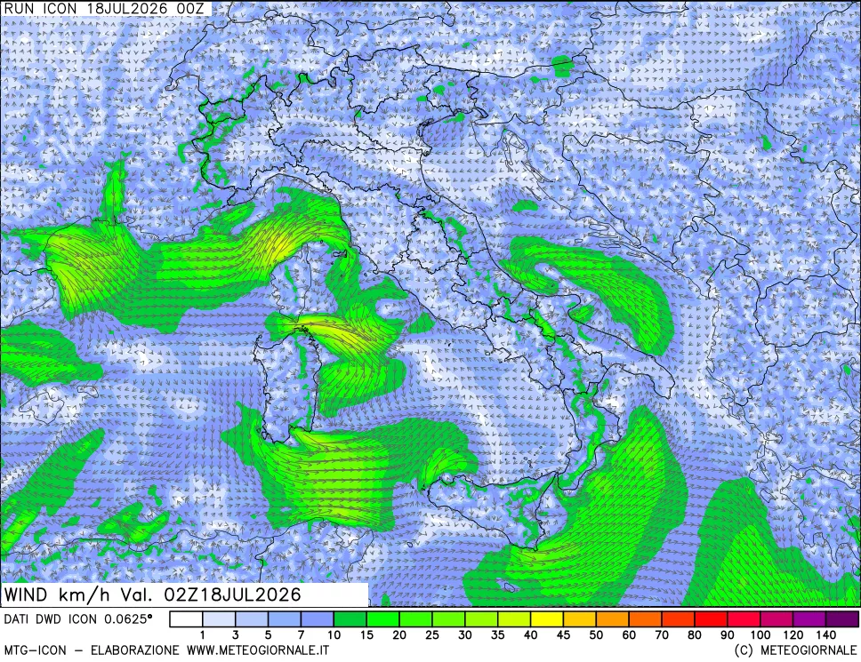 mappa 10 m Vento forza e direzione