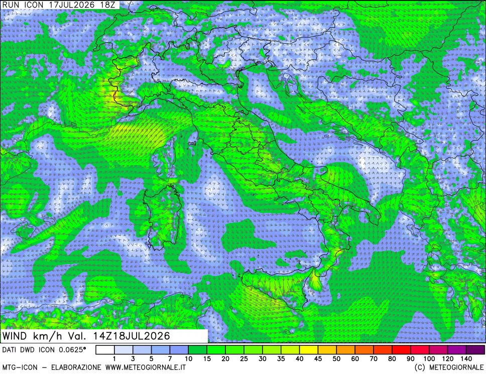 mappa 10 m Vento forza e direzione