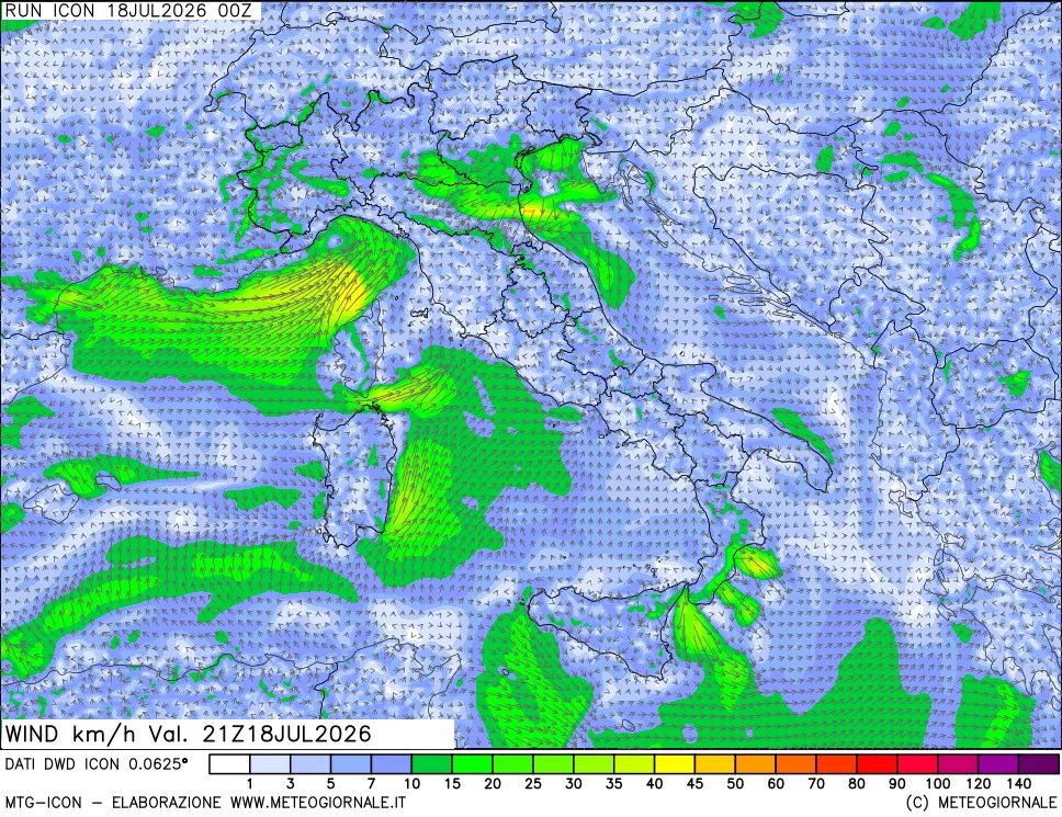 mappa 10 m Vento forza e direzione