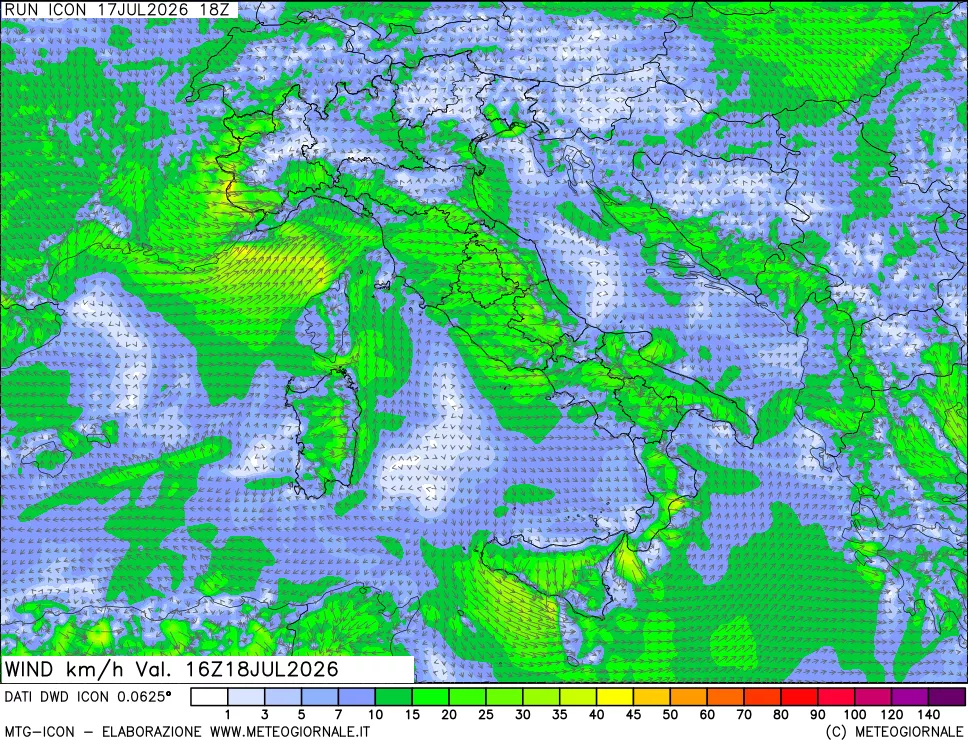 mappa 10 m Vento forza e direzione