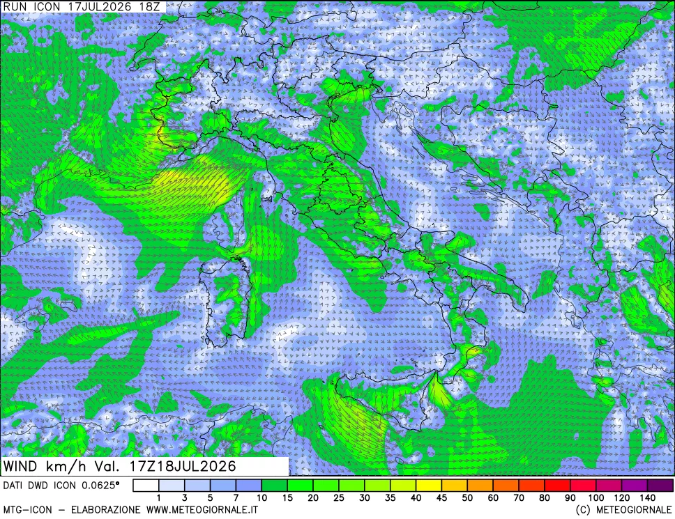mappa 10 m Vento forza e direzione