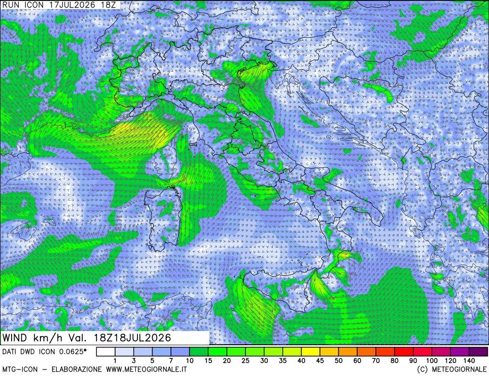 mappa 10 m Vento forza e direzione