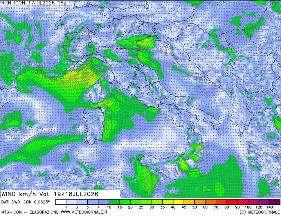 mappa 10 m Vento forza e direzione