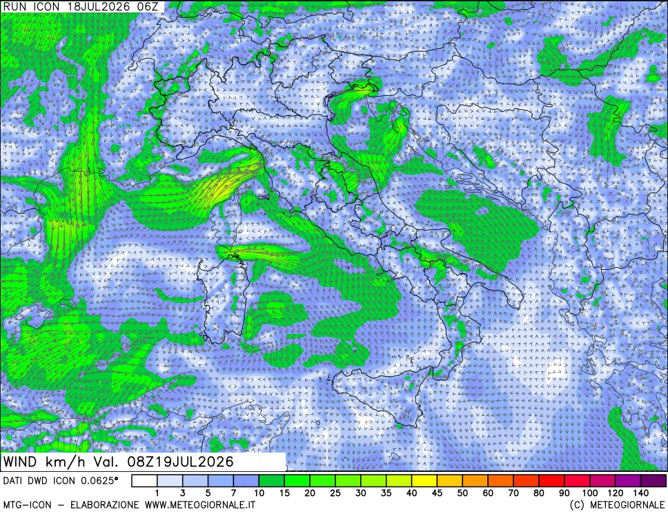 mappa 10 m Vento forza e direzione