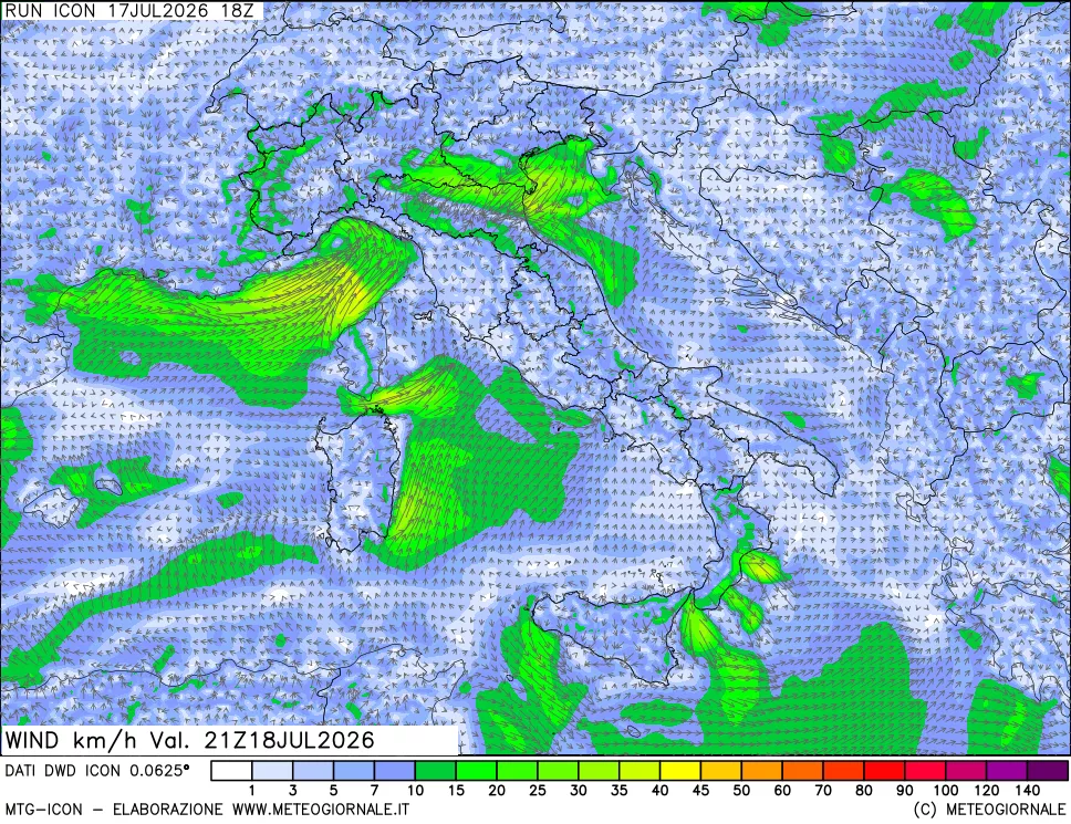 mappa 10 m Vento forza e direzione