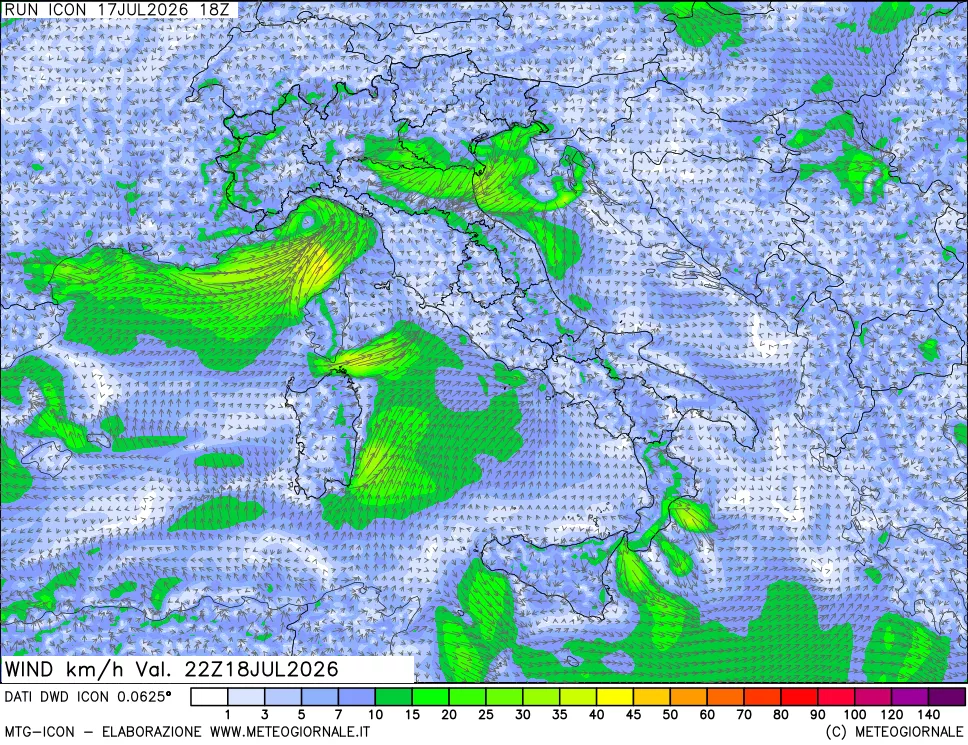 mappa 10 m Vento forza e direzione