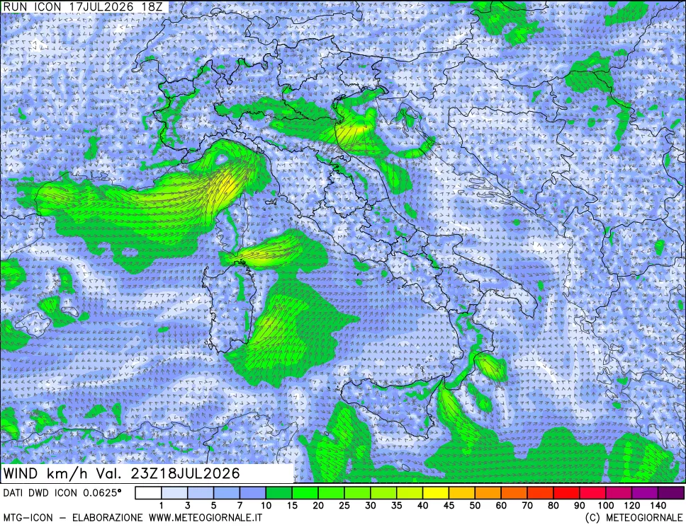 mappa 10 m Vento forza e direzione