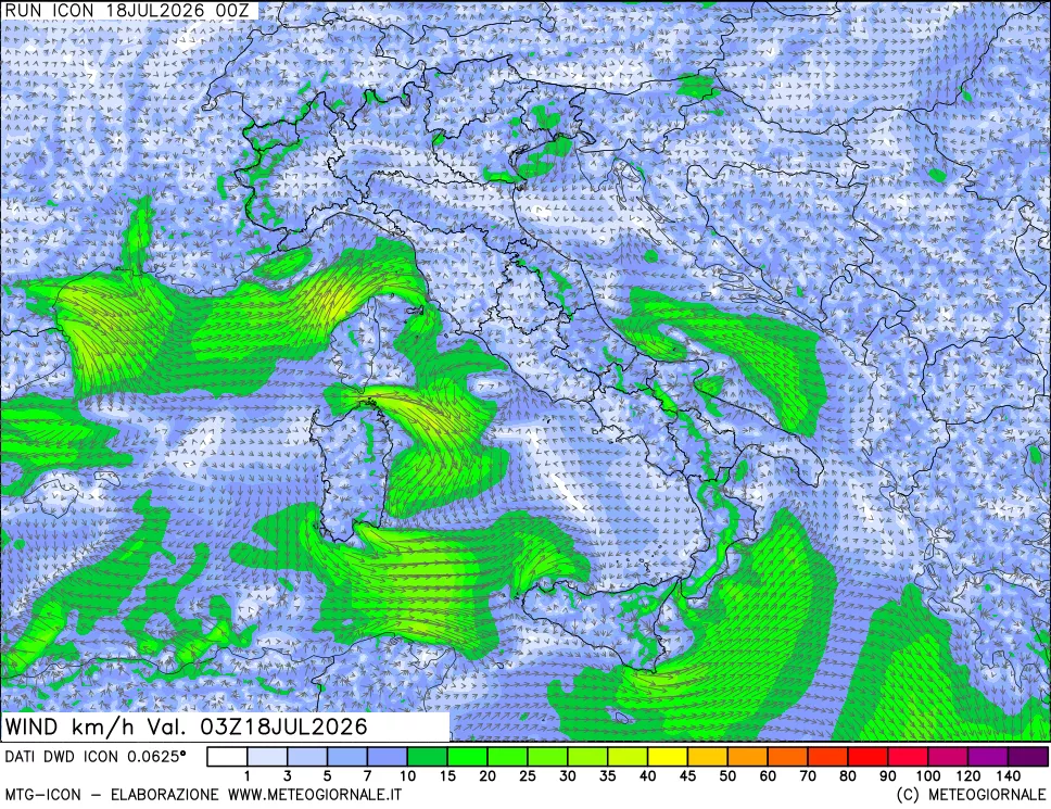 mappa 10 m Vento forza e direzione