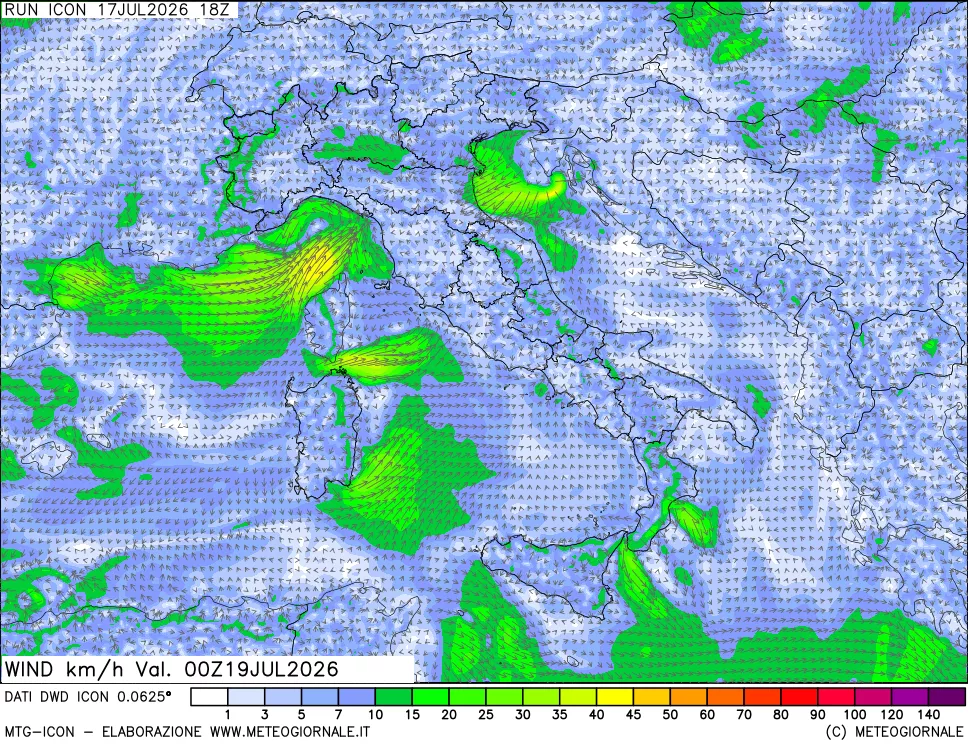 mappa 10 m Vento forza e direzione