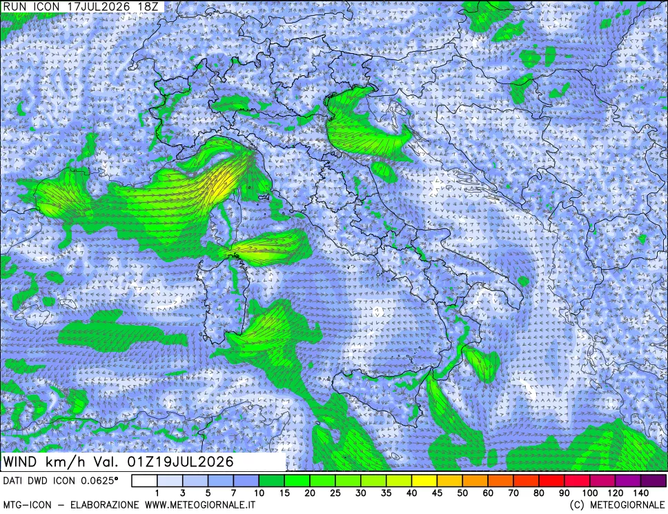 mappa 10 m Vento forza e direzione