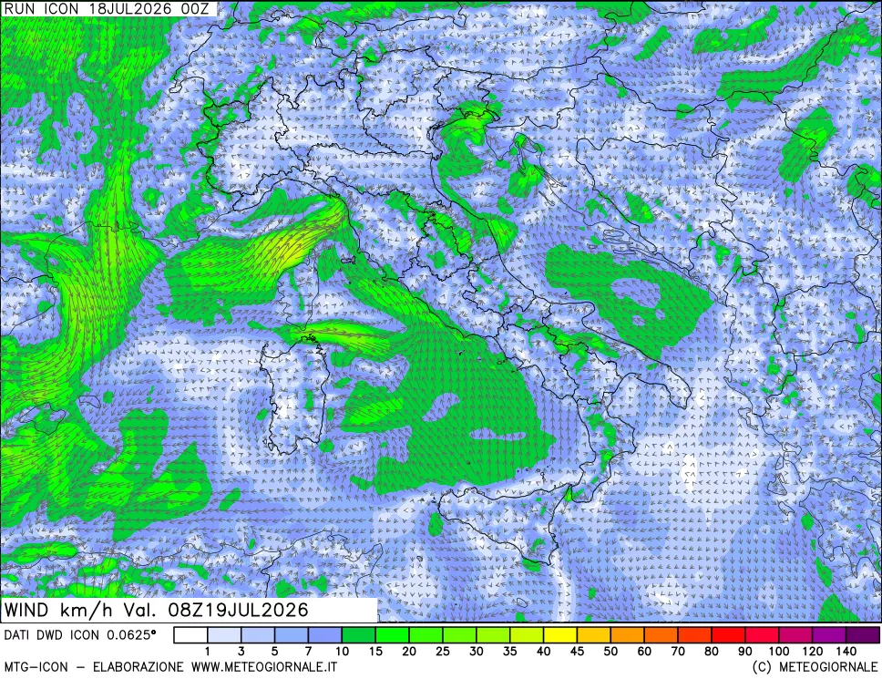 mappa 10 m Vento forza e direzione