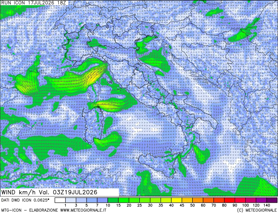 mappa 10 m Vento forza e direzione
