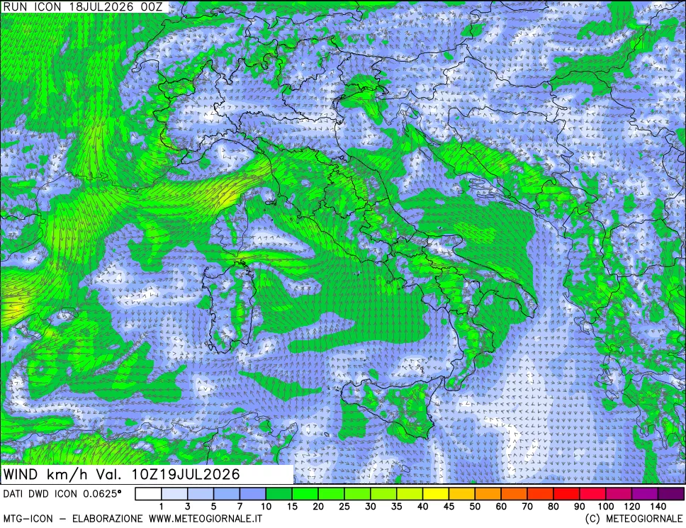 mappa 10 m Vento forza e direzione