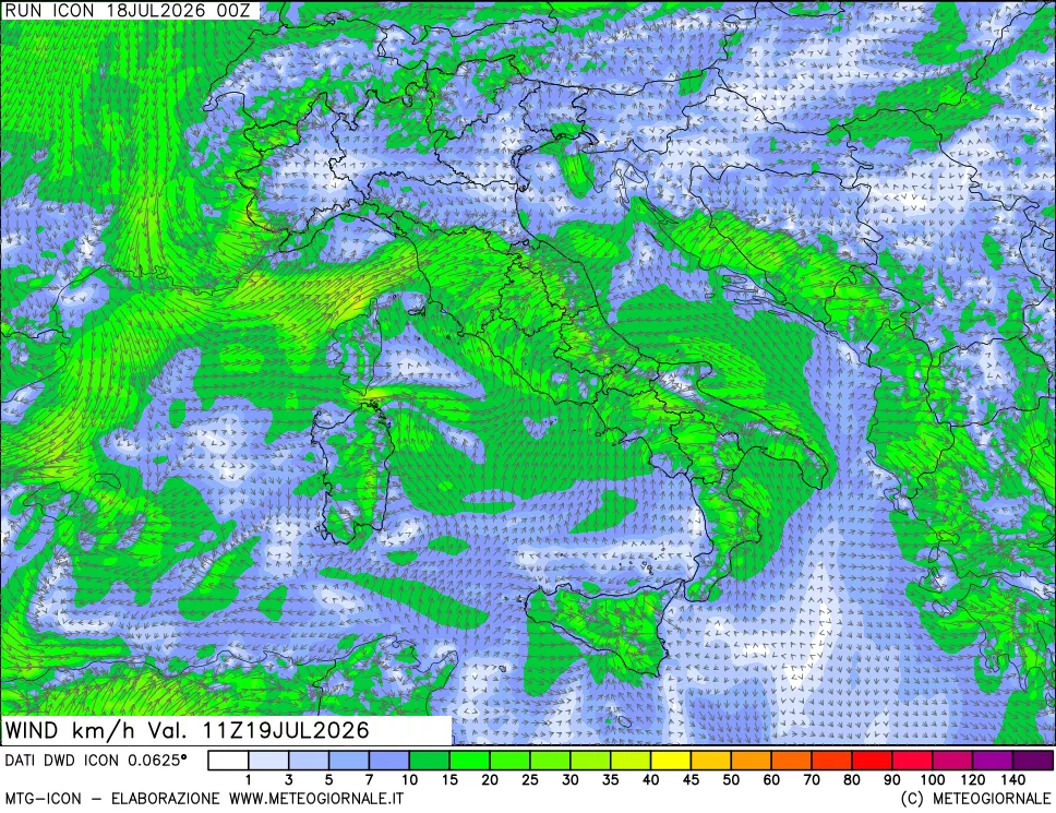 mappa 10 m Vento forza e direzione