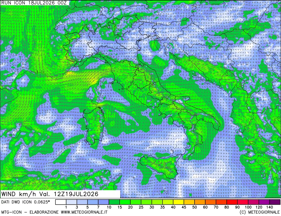 mappa 10 m Vento forza e direzione