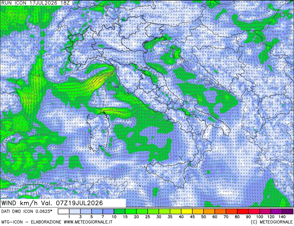 mappa 10 m Vento forza e direzione