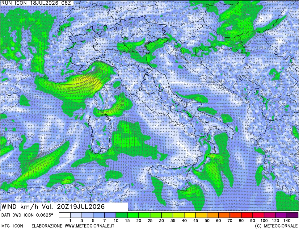 mappa 10 m Vento forza e direzione