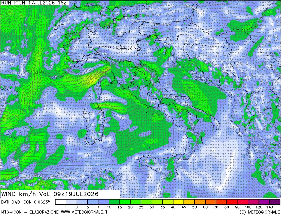 mappa 10 m Vento forza e direzione