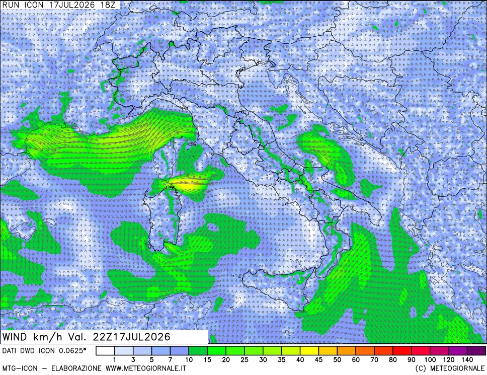 mappa 10 m Vento forza e direzione