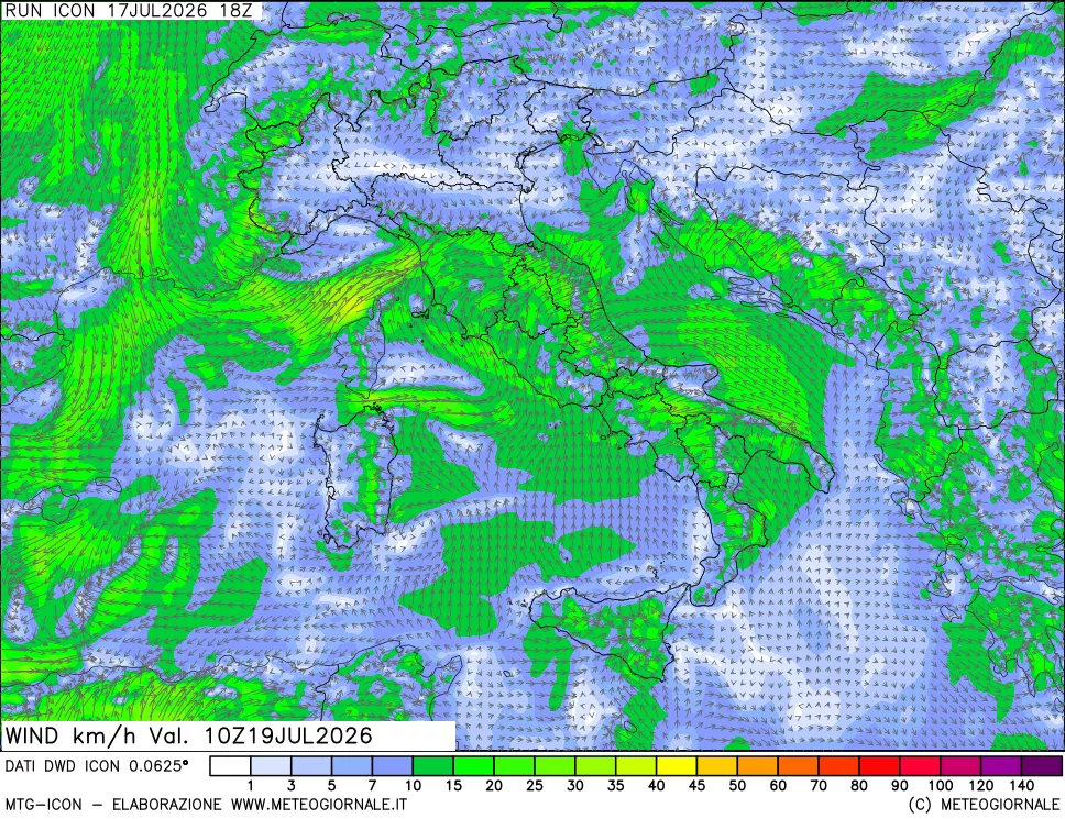 mappa 10 m Vento forza e direzione