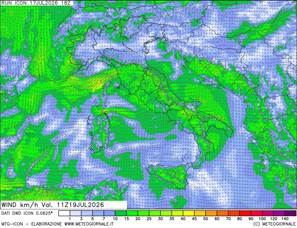 mappa 10 m Vento forza e direzione