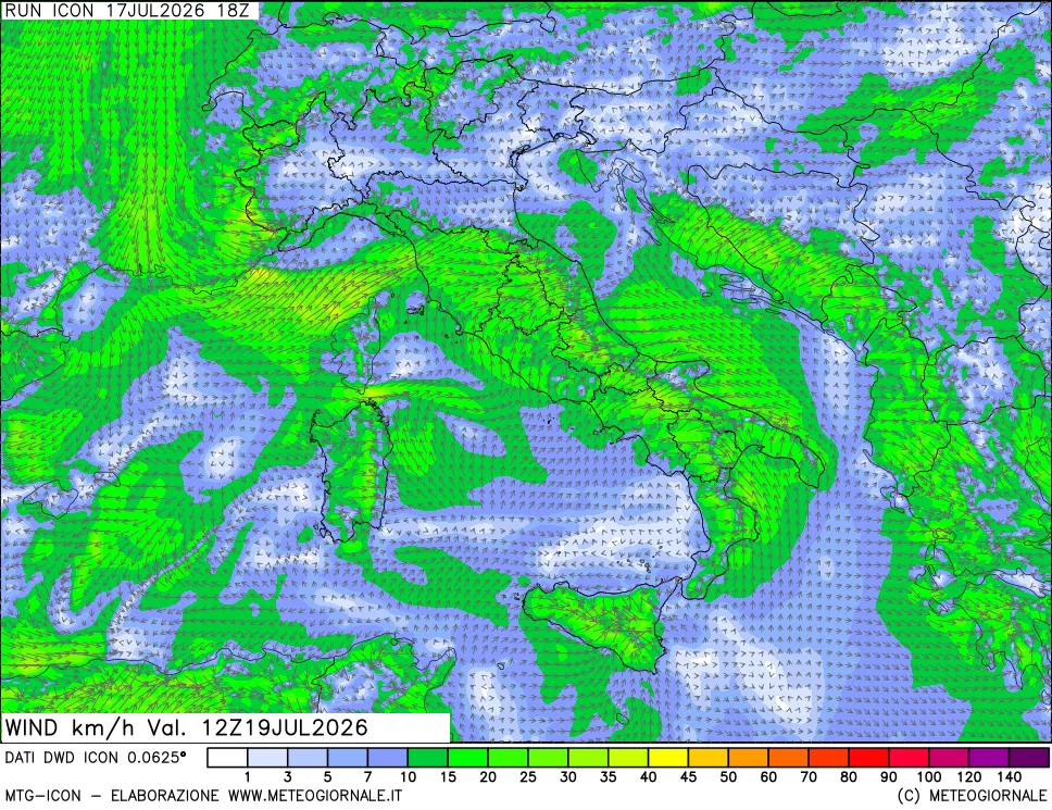 mappa 10 m Vento forza e direzione