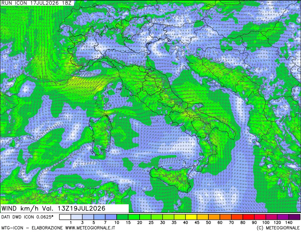 mappa 10 m Vento forza e direzione