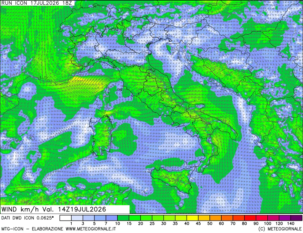 mappa 10 m Vento forza e direzione