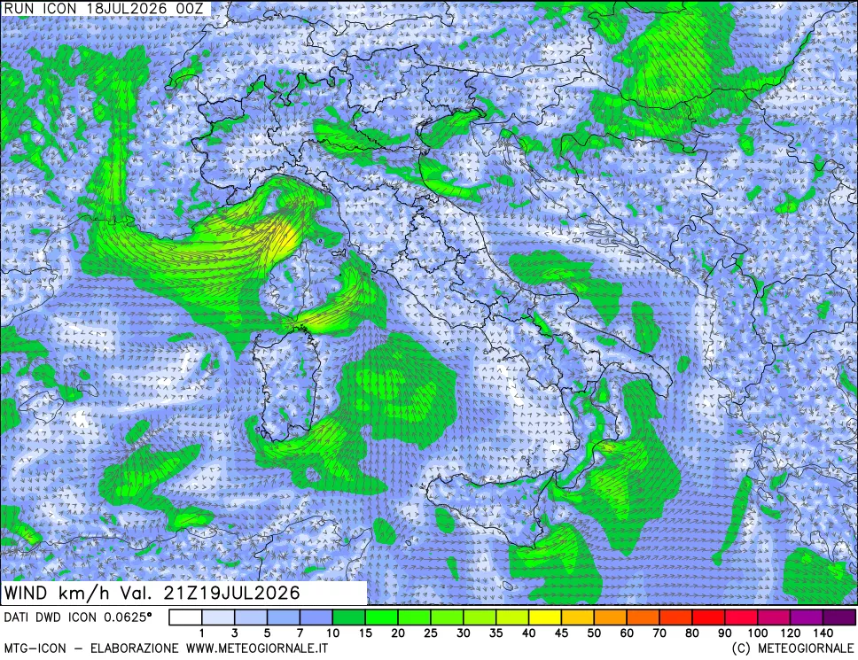 mappa 10 m Vento forza e direzione